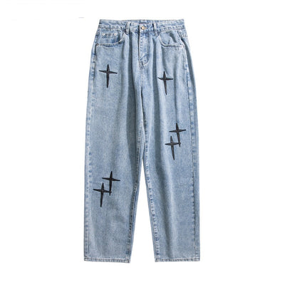 Embroidered Jeans Men's Straight Loose