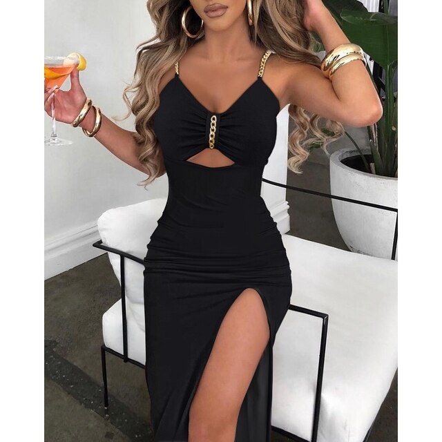 V-Neck Chain Décor Cutout High Slit Dress