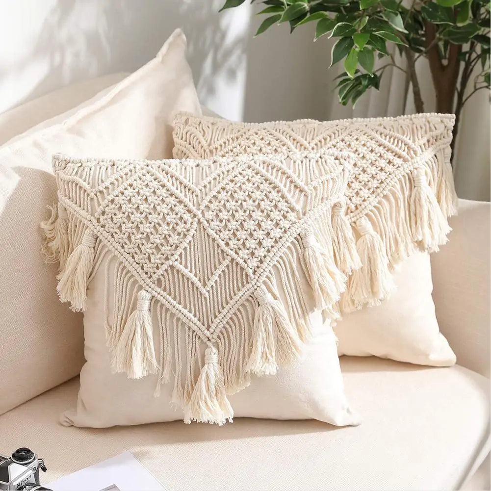 Cotton Linen Macrame Hand-woven Pillow Covers - Bohemian Style Home Decor 45x45cm