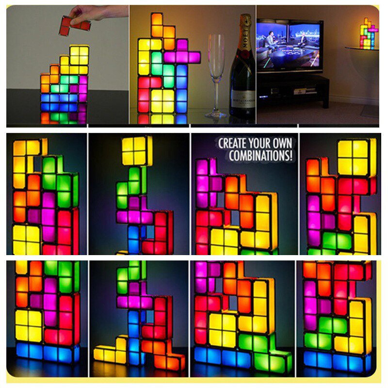 Novelty Lighting DIY Tetris Puzzle 3D LED Night Light Toy Brick Stackable Lamp Constructible Block Desk Lamp Children Kids Gift