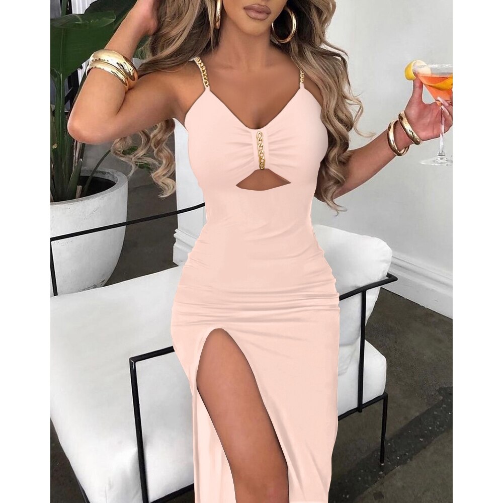 V-Neck Chain Décor Cutout High Slit Dress